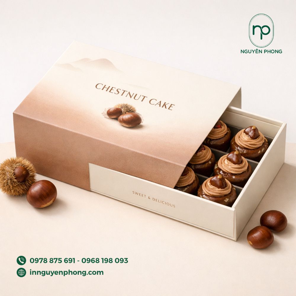 In hộp giấy đựng bánh hạt dẻ